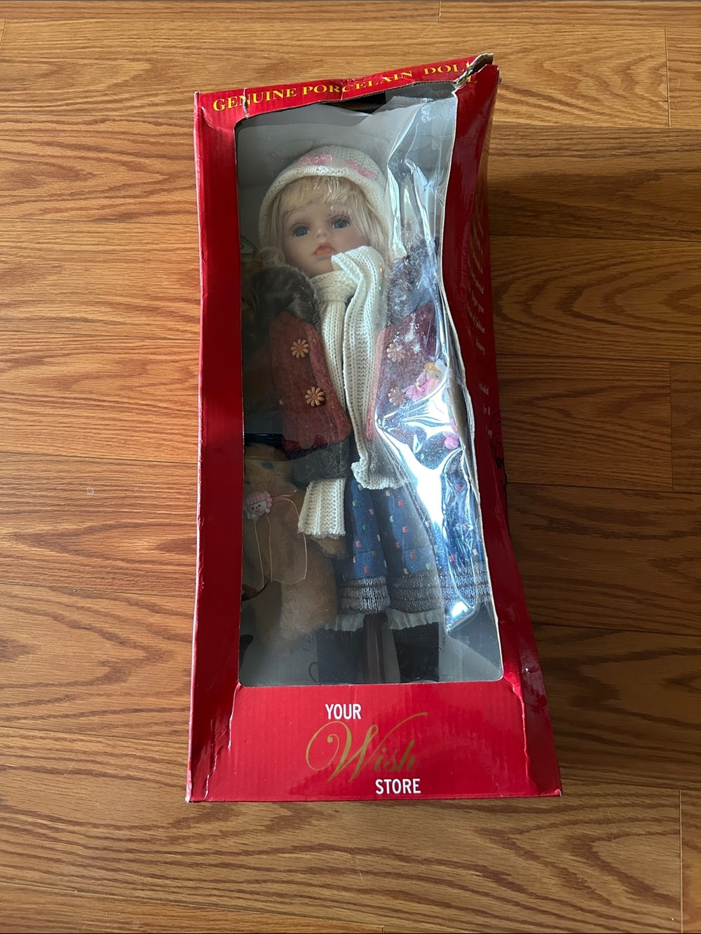 Porcelain Doll in Red Box - Cream & Blue Outfit
